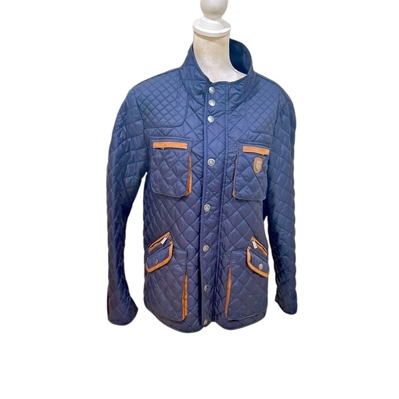 Piel de Toro Sevilla Quilted Utility barn Jacket Navy & Tan leather trim size xl - Picture 6 of 12